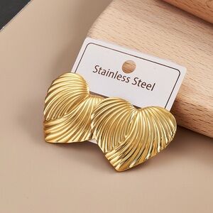 Gold Heart Sculpted Stainless Steel Earrings - Elegant Women's Jewelry